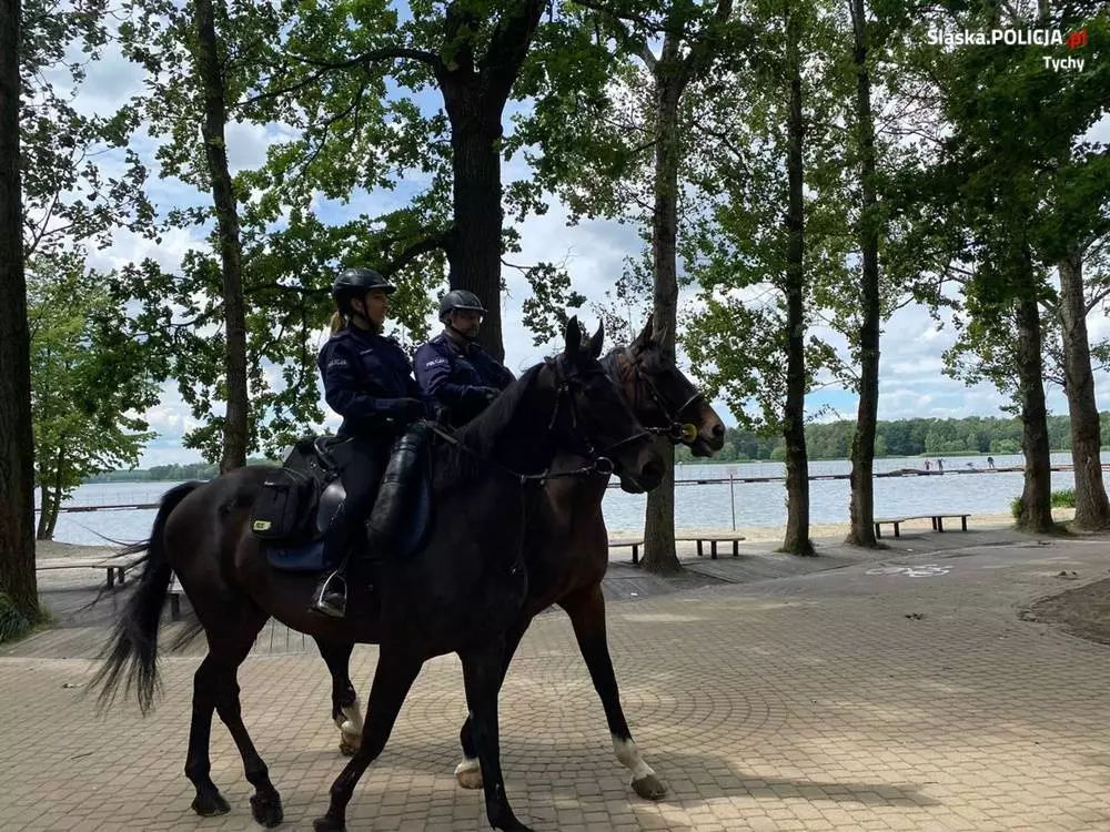 Policjanci na koniach wspierają tyskich wodniaków / fot. KMP Tychy